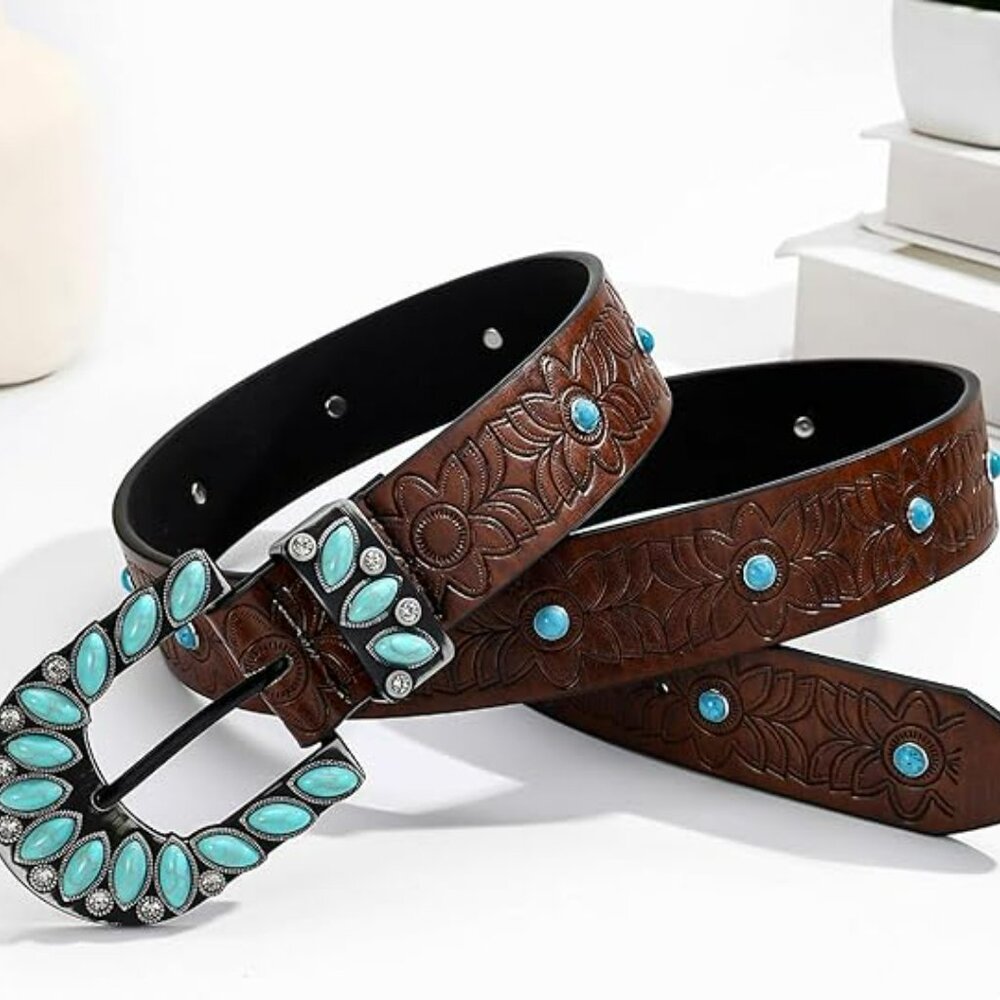 Boho‎ Western Turquoise Belt Cowgirl Brown Statement Buckle Genuine Leather